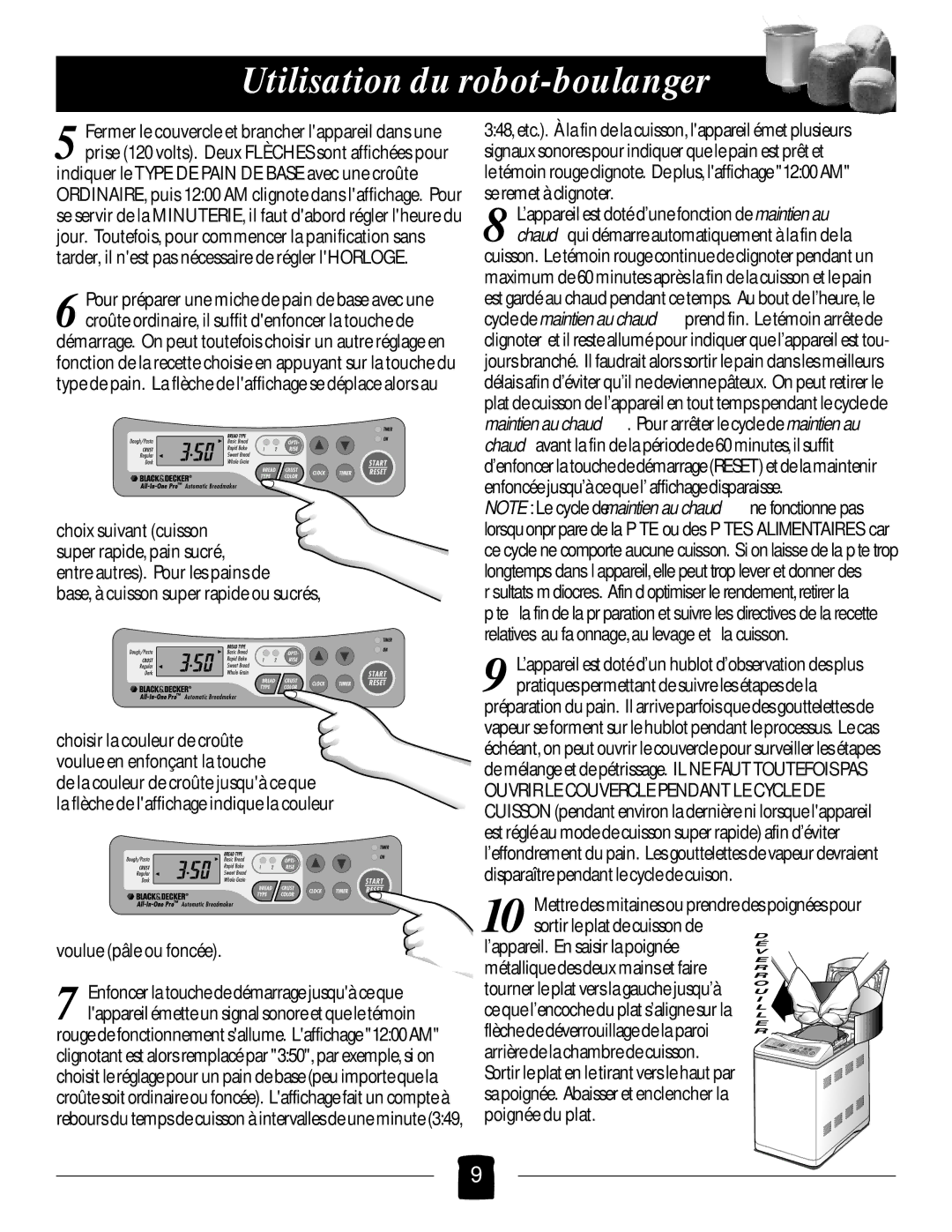 Black & Decker B1650 manual Utilisation du robot-boulanger 