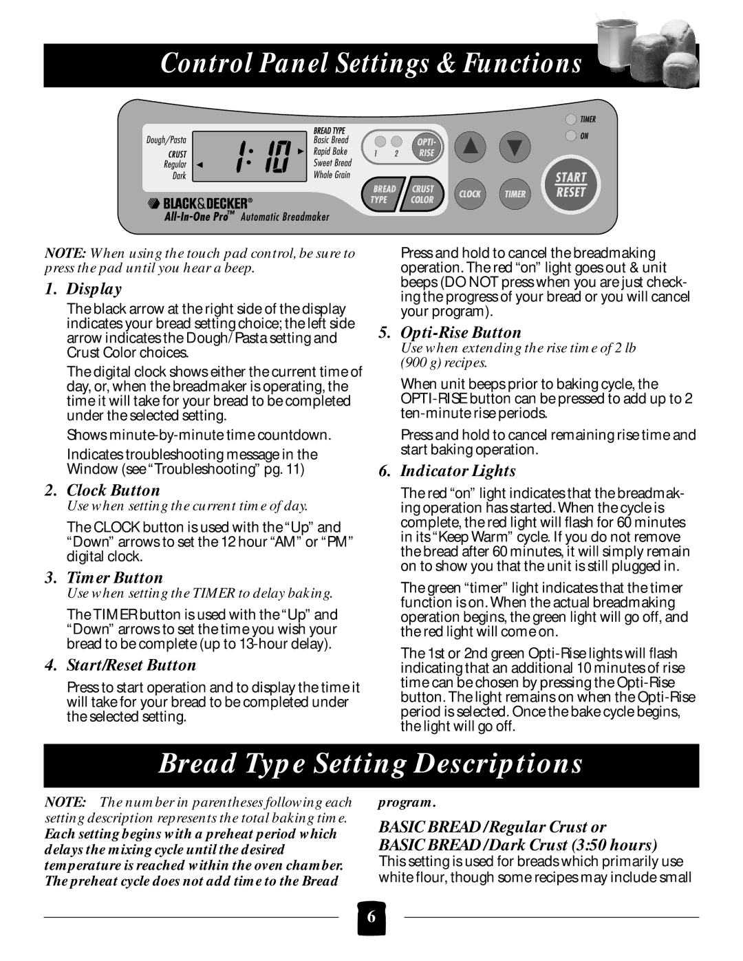 Black & Decker B1650 manual Control Panel Settings & Functions, Bread Type Setting Descriptions 