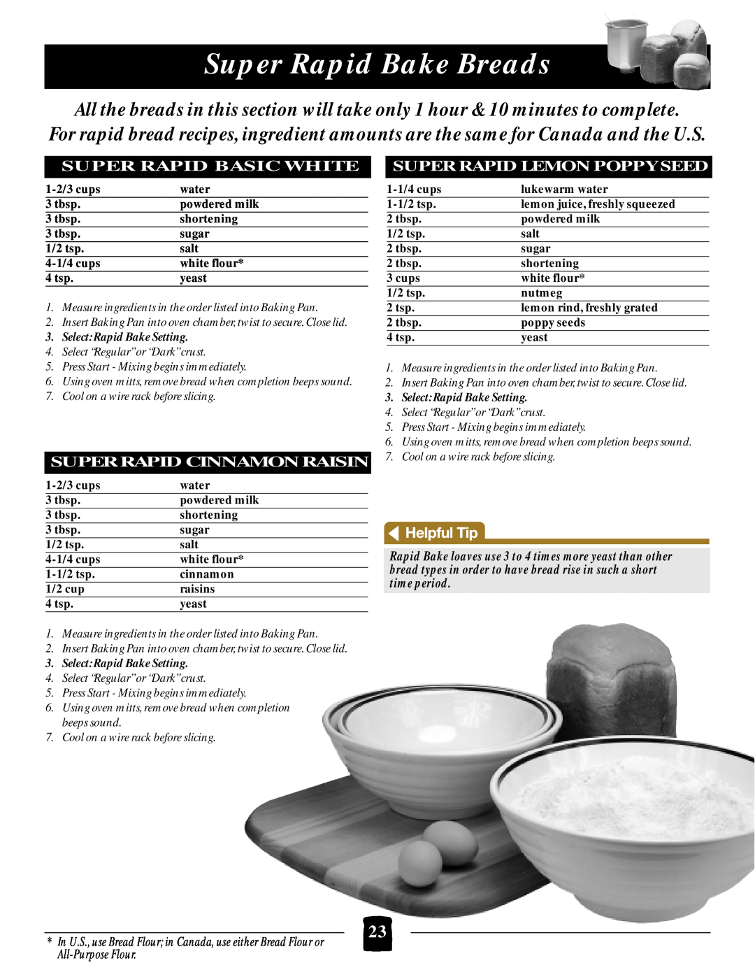 Black & Decker B1650 manual Super Rapid Bake Breads, Super Rapid Basic White, Super Rapid Cinnamon Raisin 