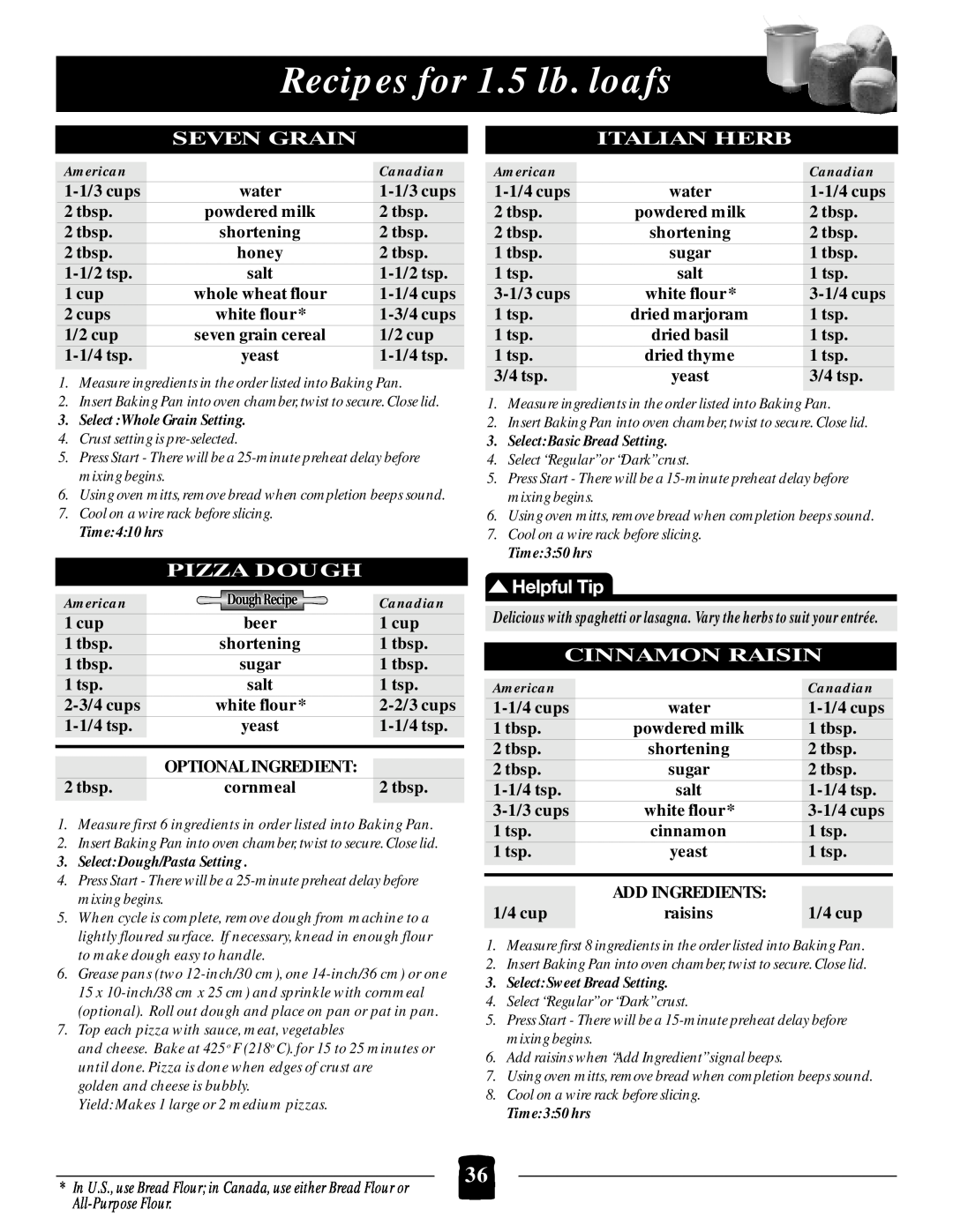 Black & Decker B1650 manual Recipes for 1.5 lb. loafs, Seven Grain, Italian Herb, Pizza Dough, Cinnamon Raisin 