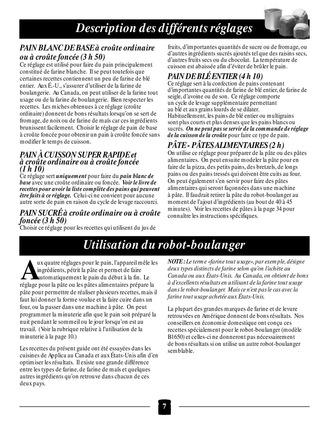 Black & Decker B1650 Utilisation du robot-boulanger, Description des différents réglages, PAIN À CUISSON SUPER RAPIDE et 