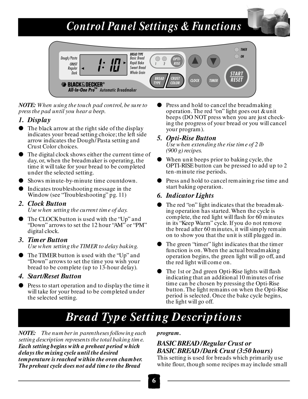 Black & Decker B1650 manual Control Panel Settings & Functions, Bread Type Setting Descriptions, Display, Clock Button 