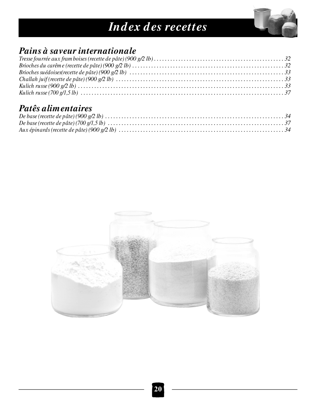Black & Decker B1650 manual Pains à saveur internationale, Patês alimentaires, Index des recettes 