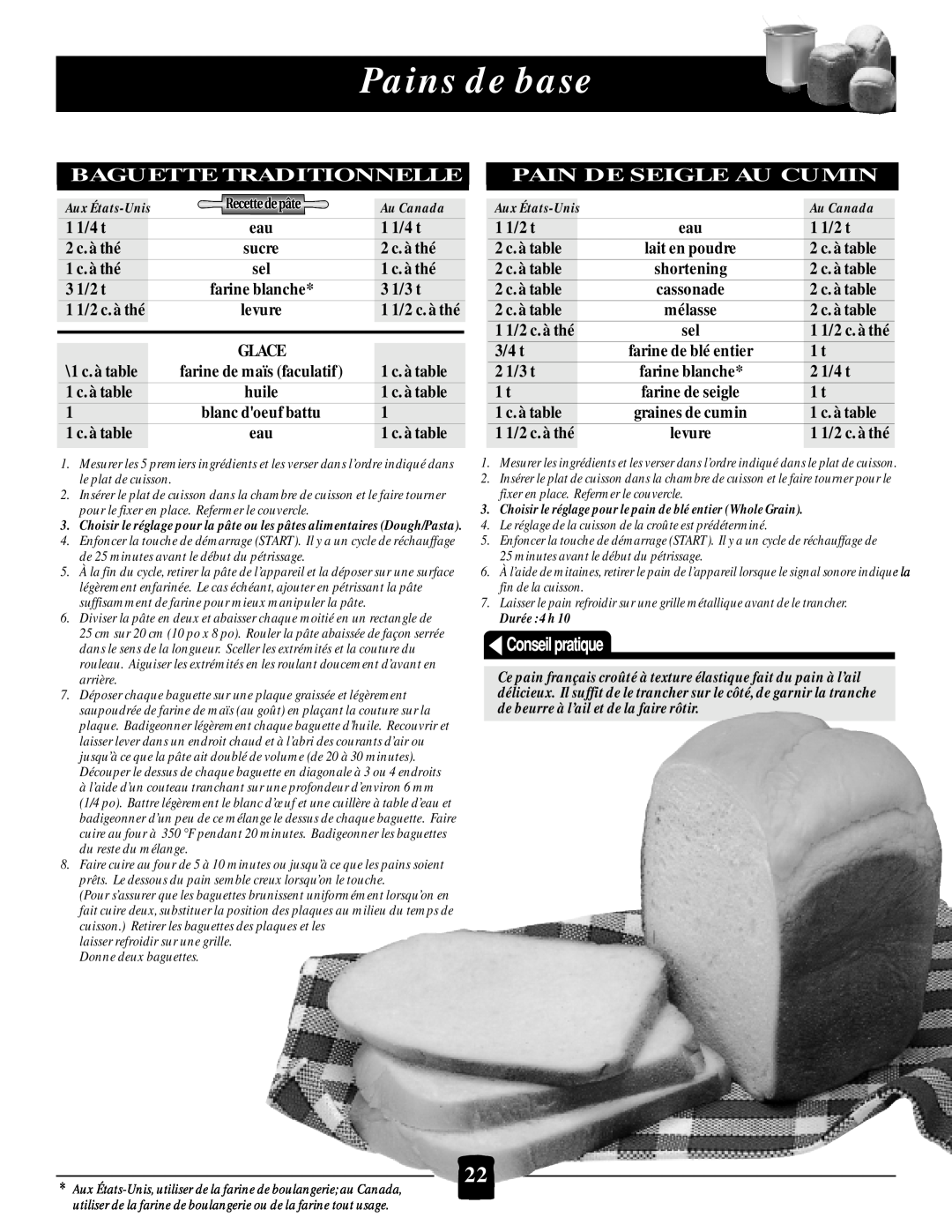Black & Decker B1650 manual Pains de base, Baguette Traditionnelle, Pain De Seigle Au Cumin 