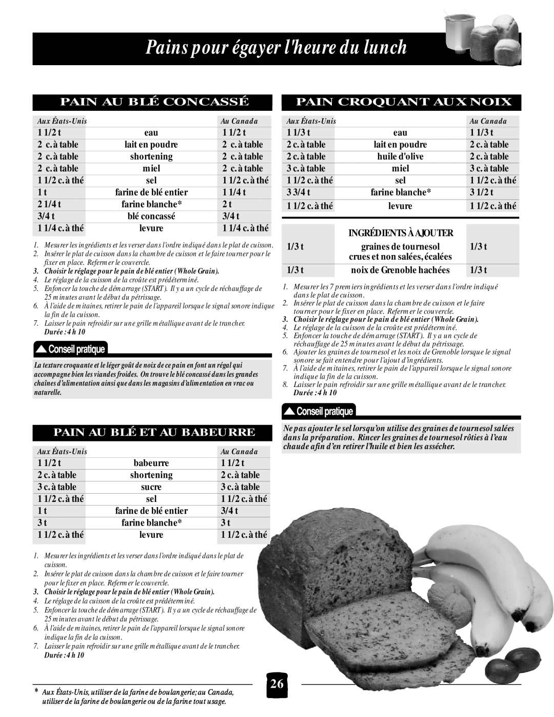 Black & Decker B1650 manual Pains pour égayer lheure du lunch, Pain Au Blé Concassé, Pain Croquant Aux Noix 
