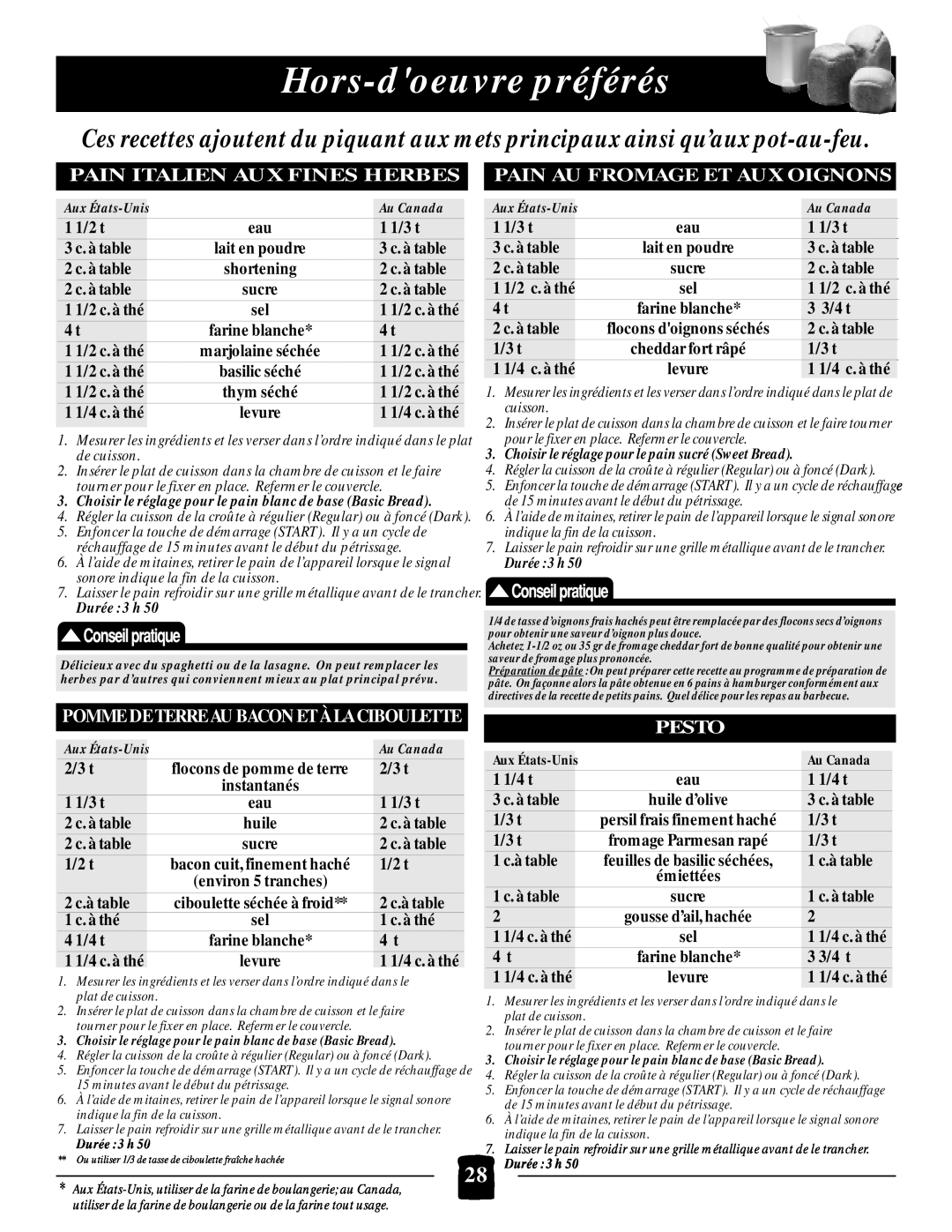 Black & Decker B1650 manual Hors-doeuvrepréférés, Pain Italien Aux Fines Herbes, Pain Au Fromage Et Aux Oignons, Pesto 