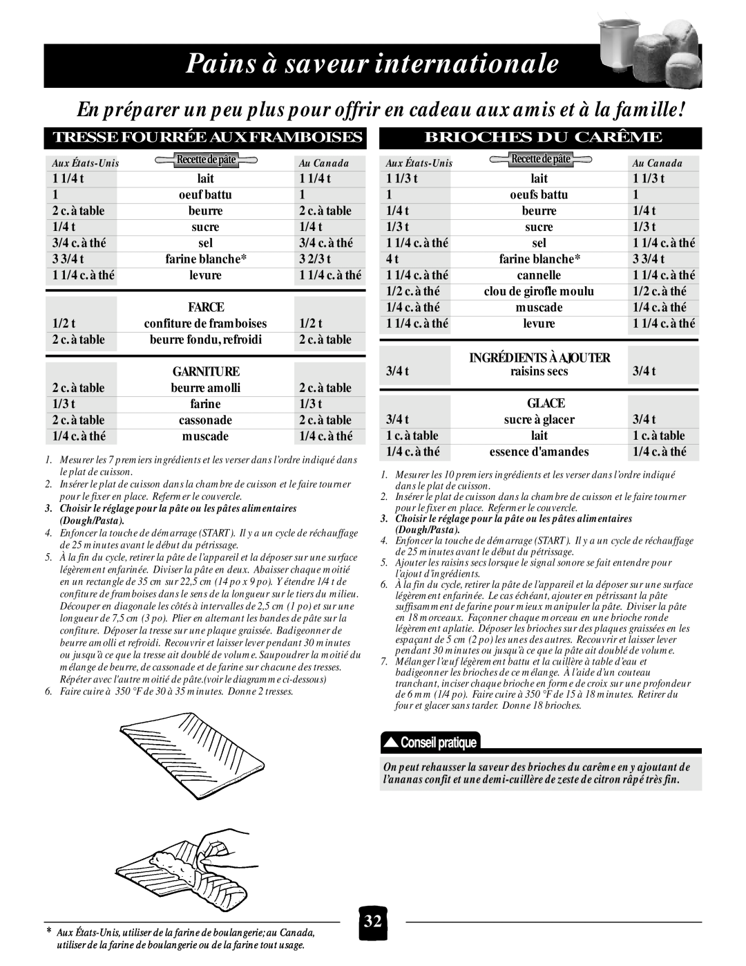 Black & Decker B1650 manual Pains à saveur internationale, Tresse Fourrée Aux Framboises, Brioches Du Carême 