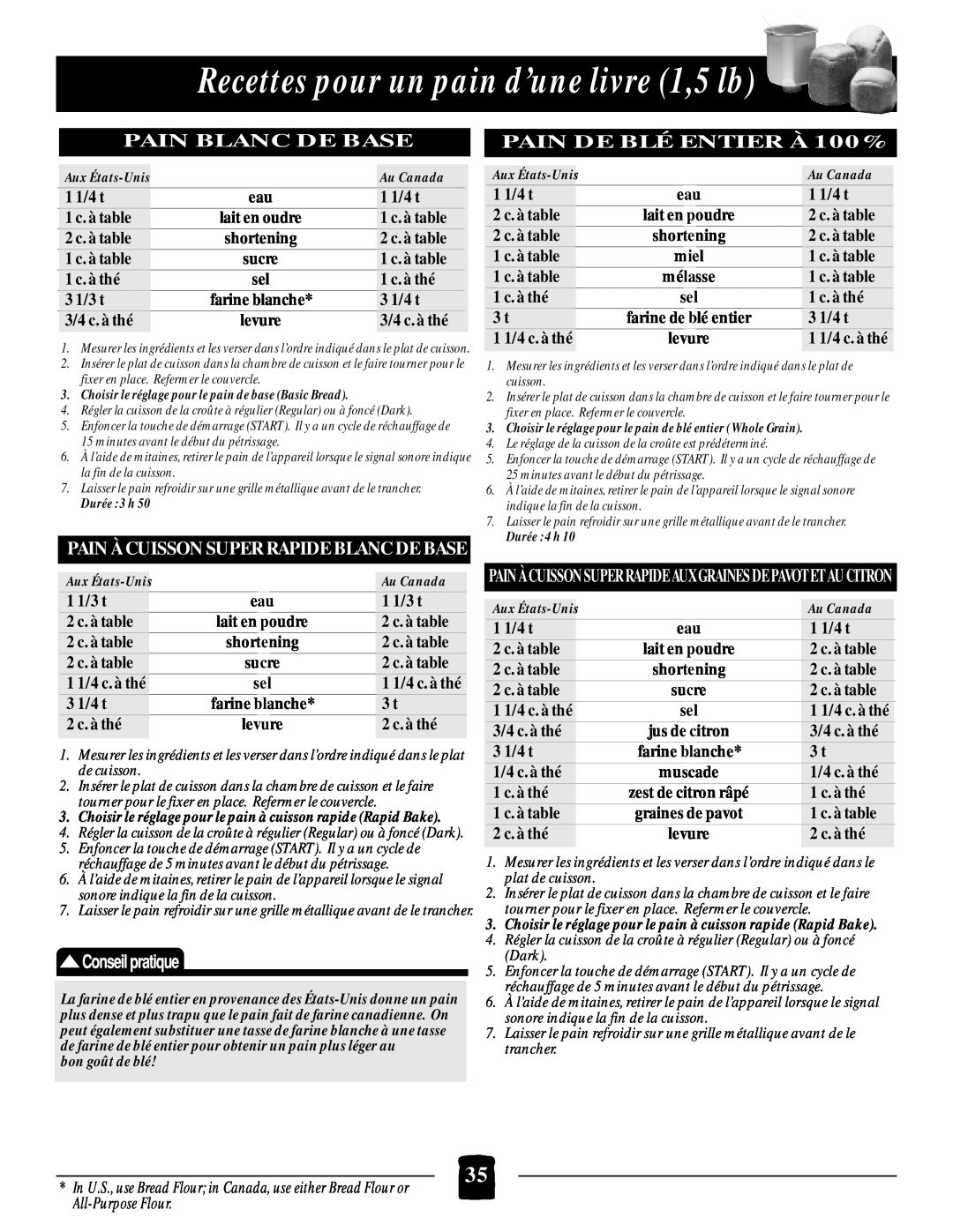 Black & Decker B1650 manual Recettes pour un pain d’une livre 1,5 lb, Pain Blanc De Base, PAIN DE BLÉ ENTIER À 100% 