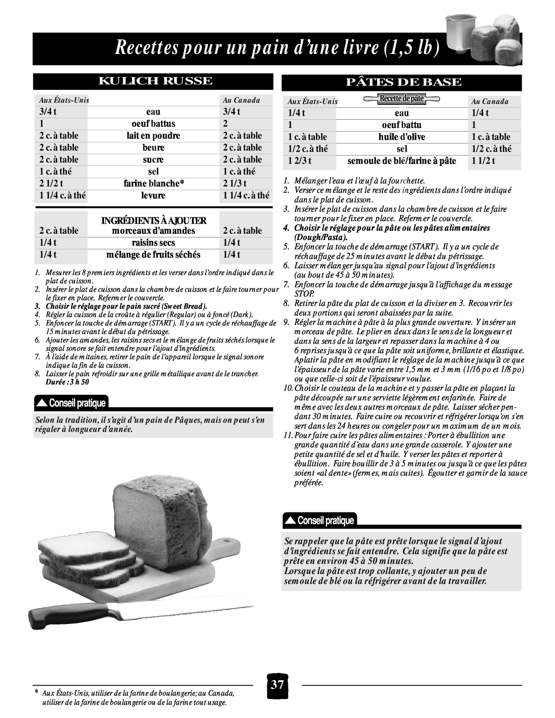 Black & Decker B1650 manual Recettes pour un pain d’une livre 1,5 lb, Kulich Russe, Pâtes De Base 