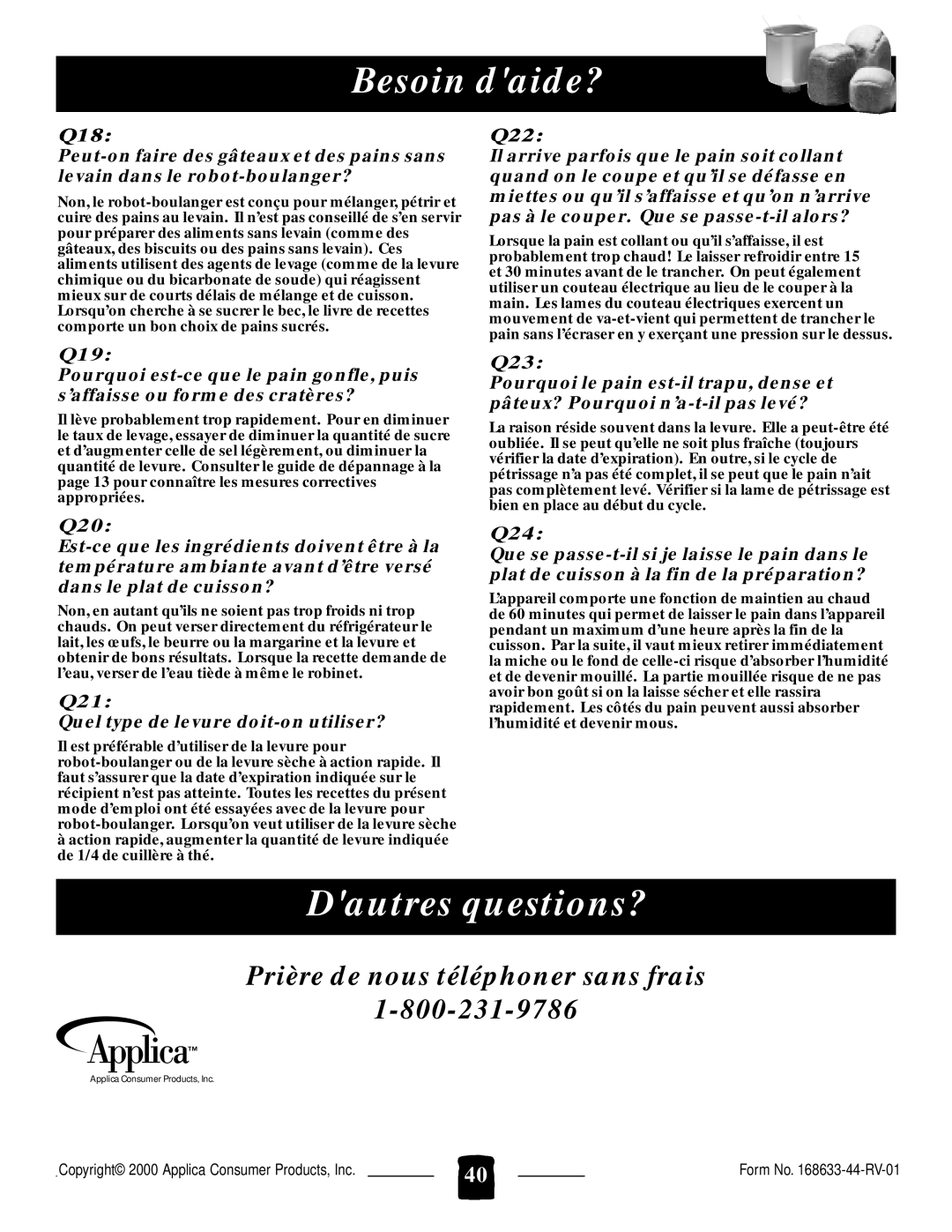 Black & Decker B1650 manual Dautres questions?, Prière de nous téléphoner sans frais, Besoin daide? 