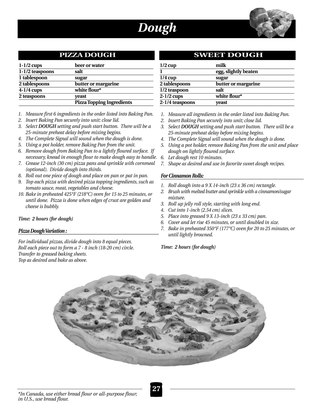 Black & Decker B2000 operating instructions Pizza Dough Sweet Dough, For Cinnamon Rolls 