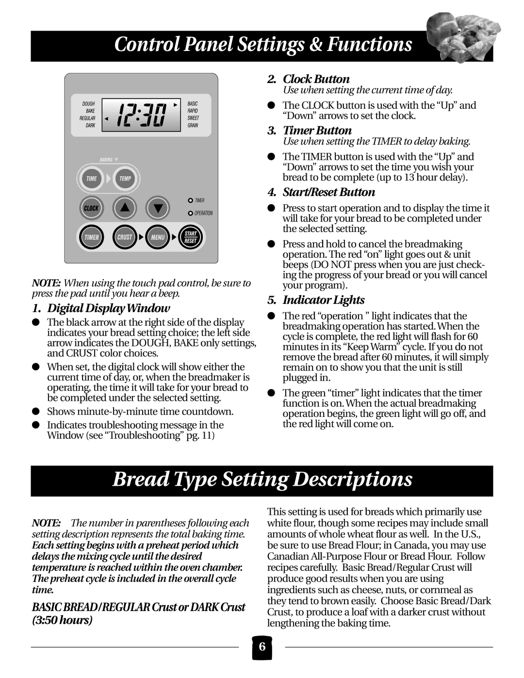 Black & Decker B2000 operating instructions Control Panel Settings & Functions, Bread Type Setting Descriptions 