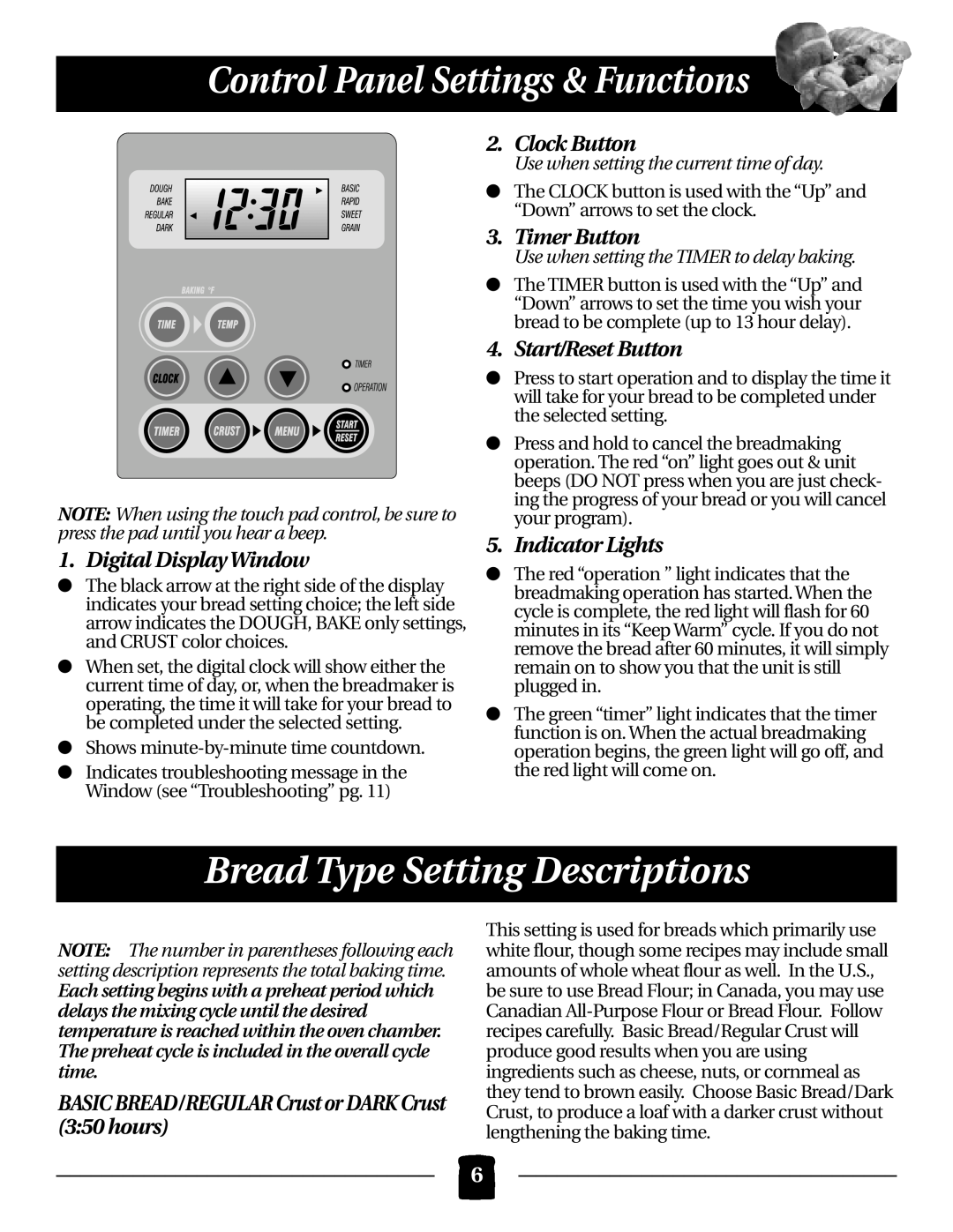 Black & Decker B2000 Control Panel Settings & Functions, Bread Type Setting Descriptions, Clock Button, Timer Button 