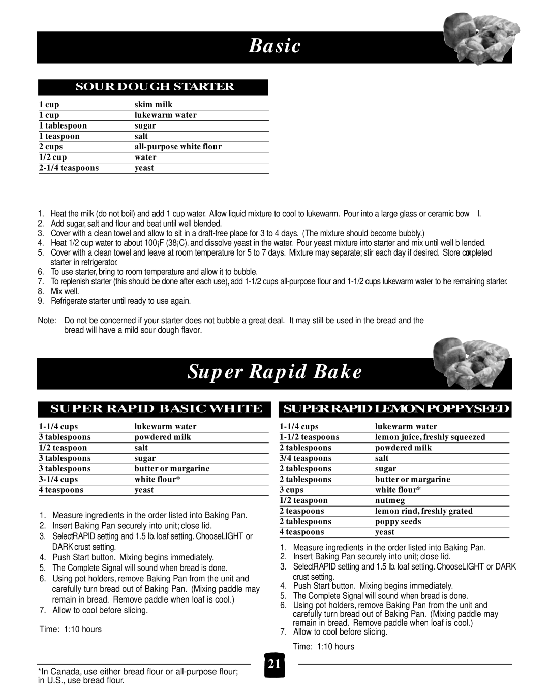 Black & Decker B2005 manual Super Rapid Bake, Sour Dough Starter, Super Rapid Basic White Superrapidlemonpoppyseed 