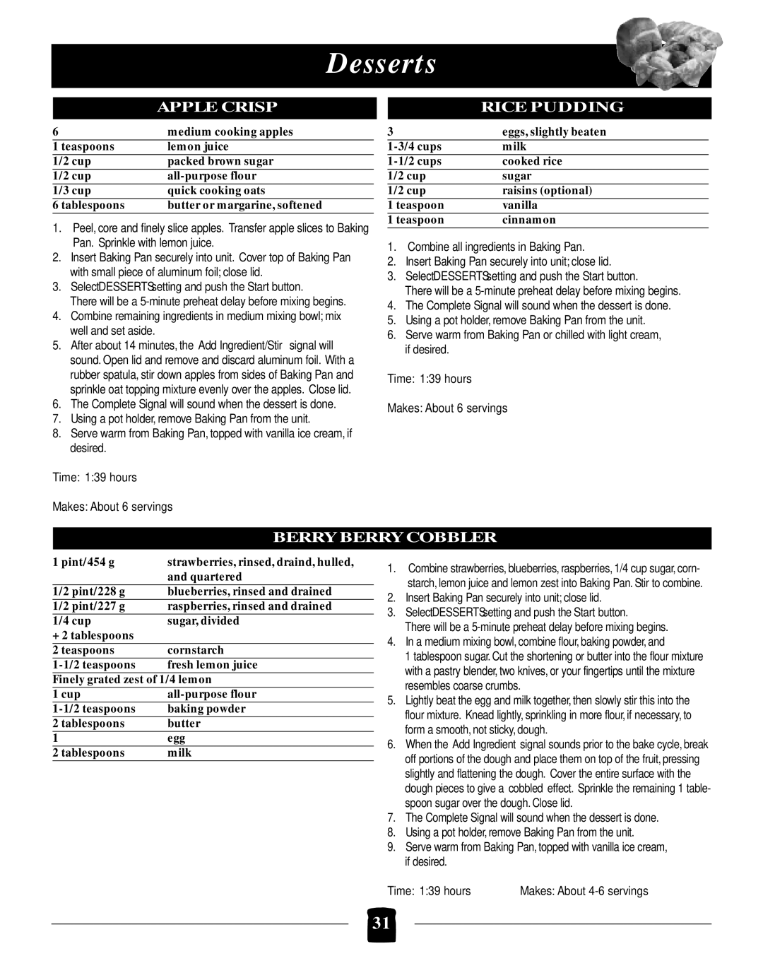 Black & Decker B2005 manual Desserts, Apple Crisp Rice Pudding, Berry Berry Cobbler, Time 139 hours Makes About 6 servings 