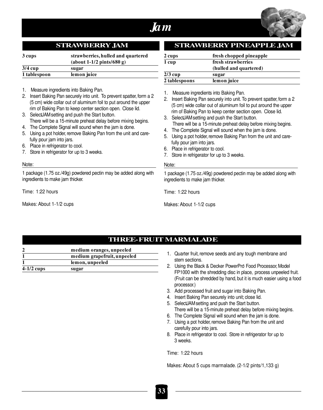 Black & Decker B2005 manual Jam, Strawberry JAM, Strawberry Pineapple JAM, THREE-FRUIT Marmalade 