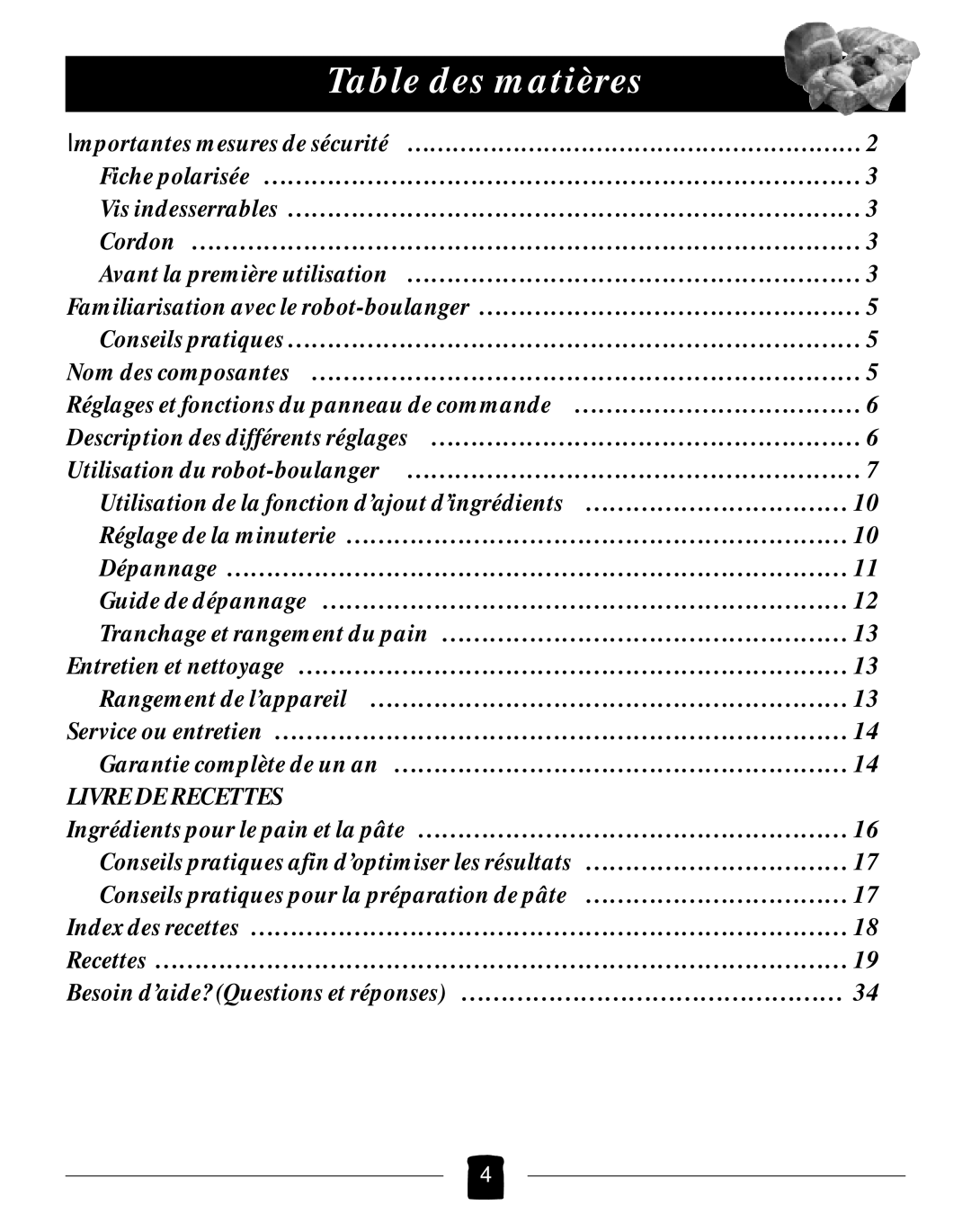 Black & Decker B2005 manual Table des matières, Livre DE Recettes 