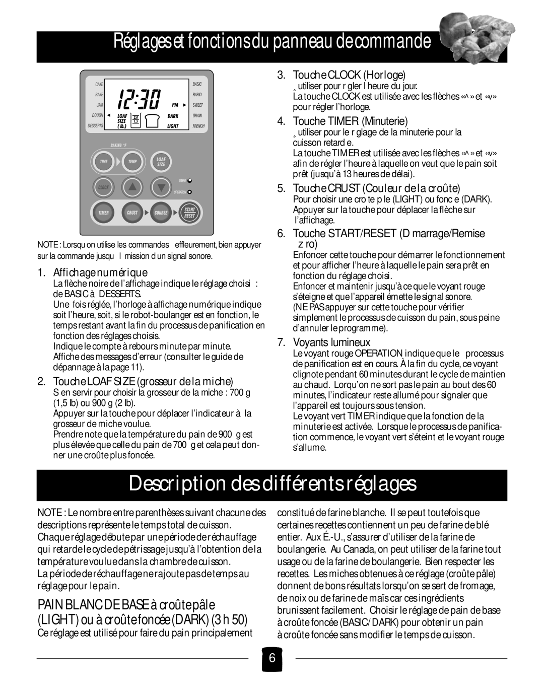 Black & Decker B2005 manual Réglages et fonctions du panneau de commande, Description des différents réglages 