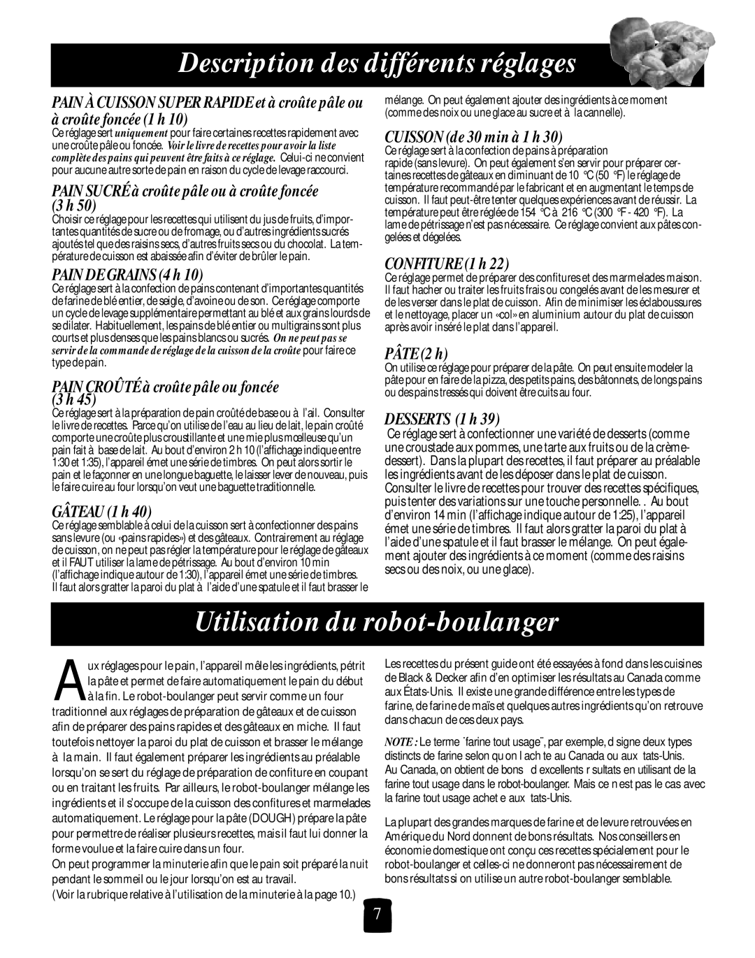 Black & Decker B2005 manual Utilisation du robot-boulanger, Pain SUCRÉàcroûte pâle ou àcroûte foncée 3h 