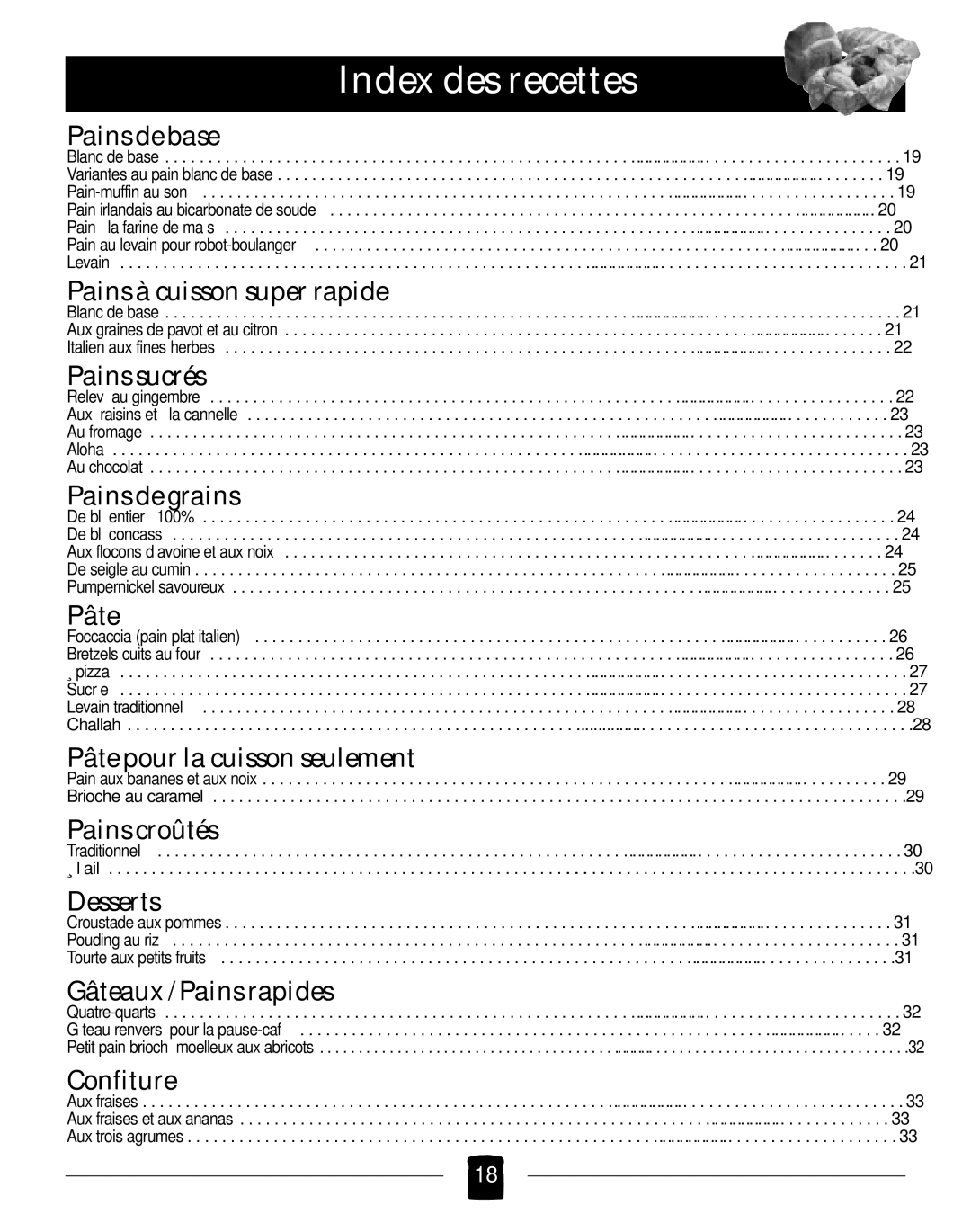 Black & Decker B2005 manual Index des recettes, Pains de base 