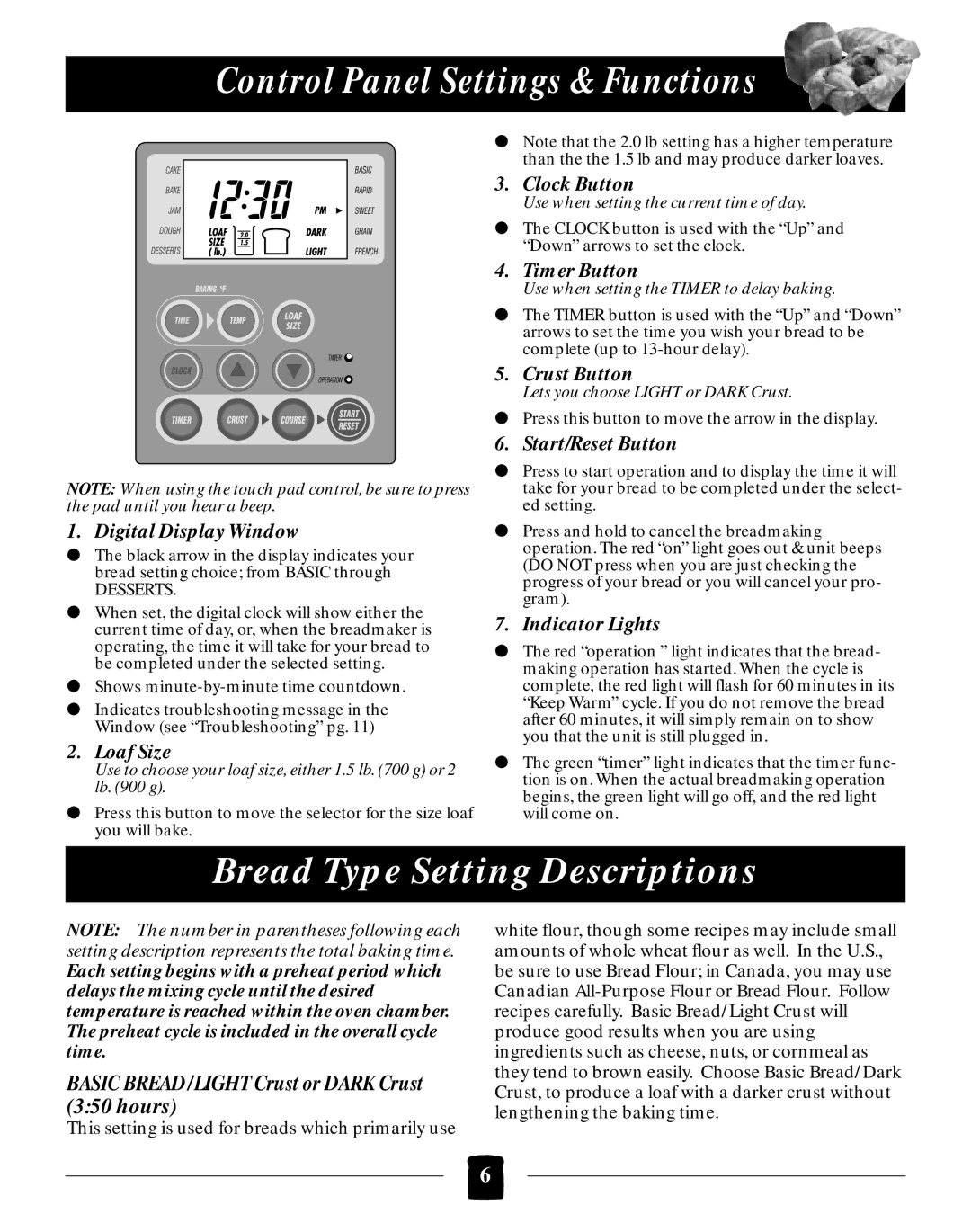 Black & Decker B2005 manual Control Panel Settings & Functions, Bread Type Setting Descriptions 