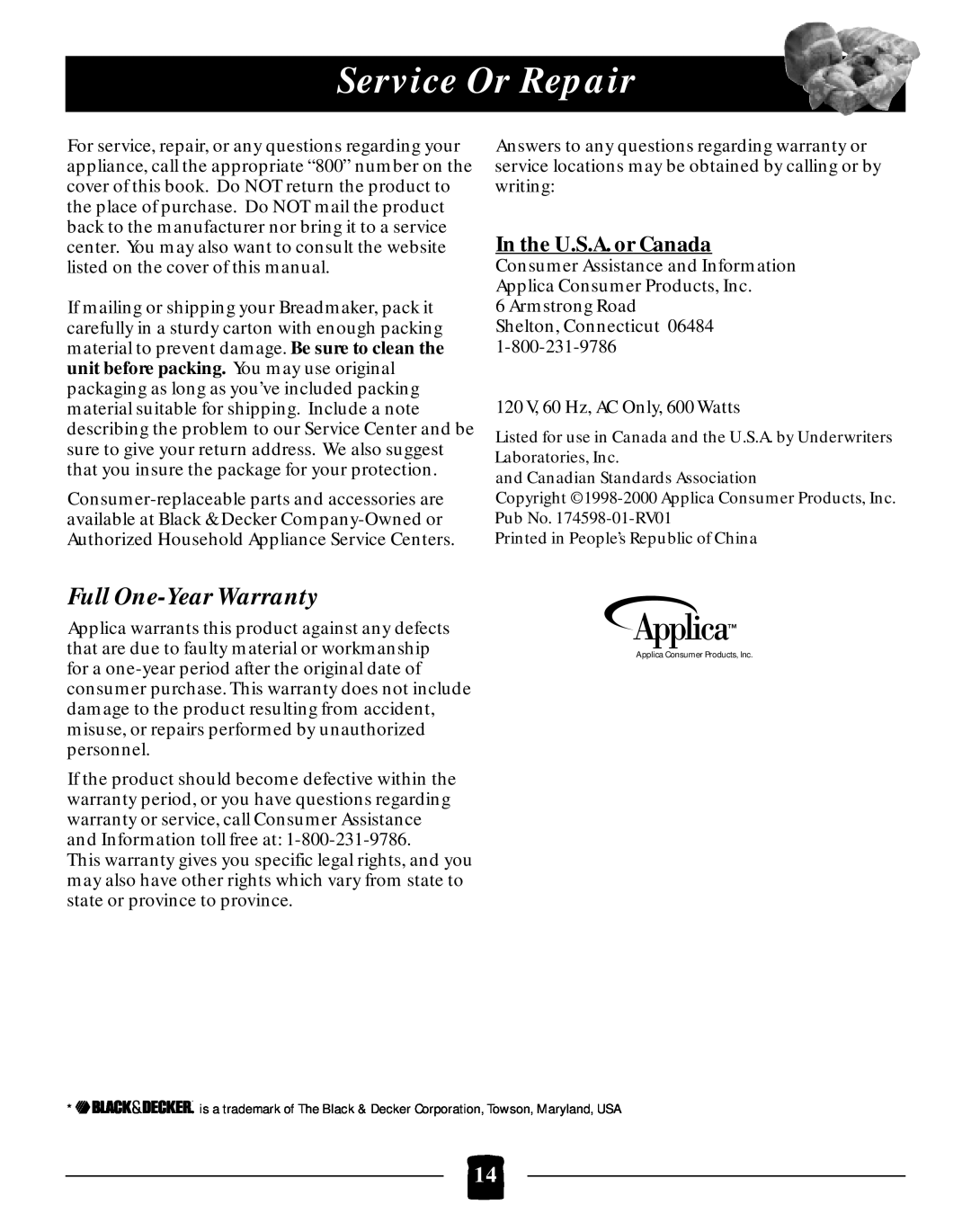 Black & Decker B2005 manual Service Or Repair, Full One-Year Warranty, In the U.S.A. or Canada 