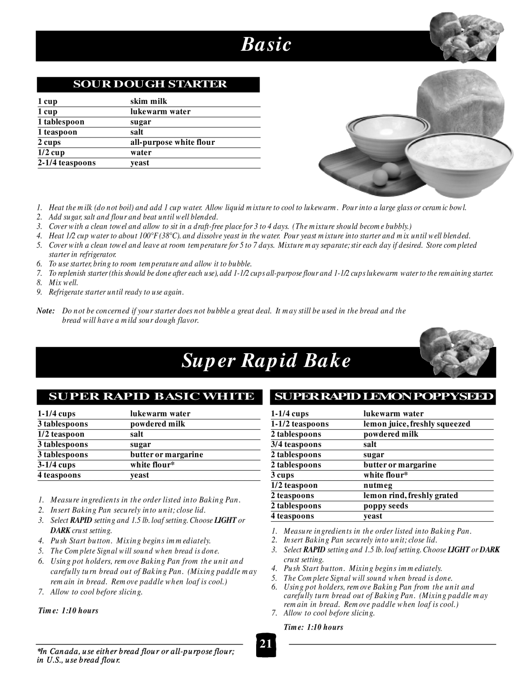 Black & Decker B2005 manual Super Rapid Bake, Sour Dough Starter, Super Rapid Basic White Superrapidlemonpoppyseed 