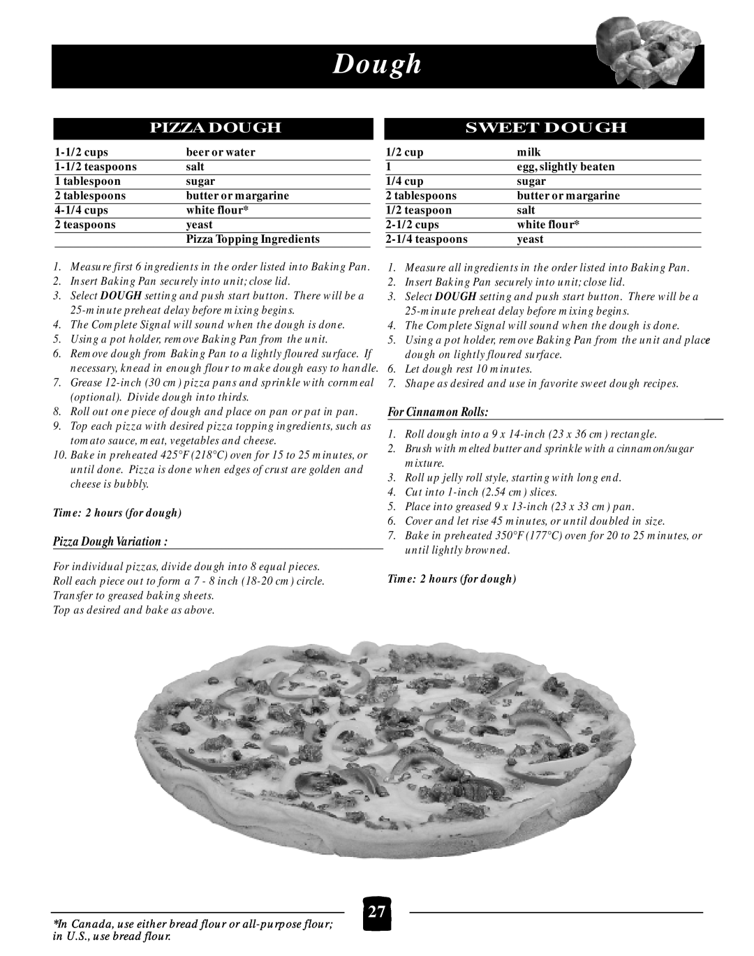 Black & Decker B2005 manual Sweet Dough, For Cinnamon Rolls, Pizza DoughVariation, Time 2 hours for dough 