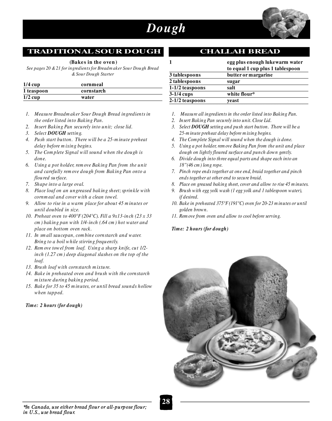 Black & Decker B2005 manual Traditional Sour Dough, Challah Bread, Time 2 hours for dough 