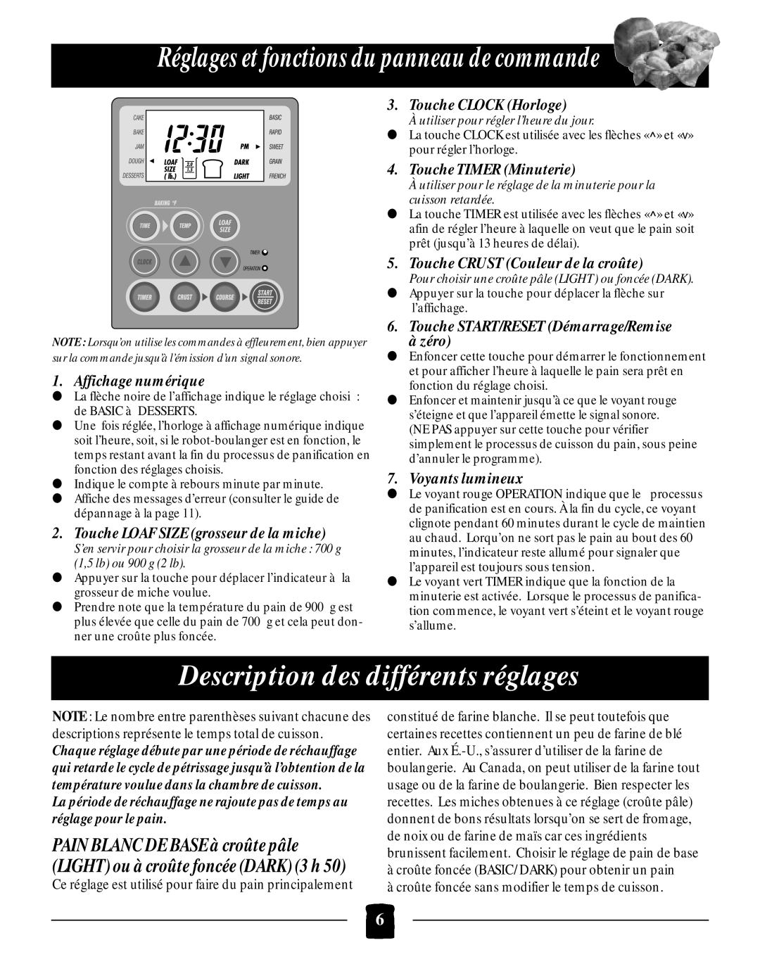 Black & Decker B2005 Réglages et fonctions du panneau de commande, Description des différents réglages, Voyants lumineux 