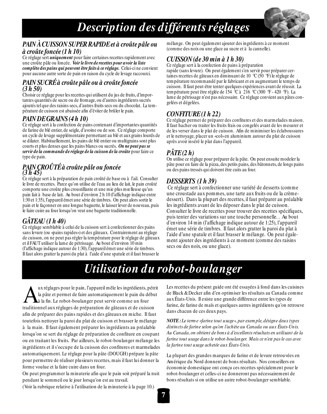 Black & Decker B2005 Utilisation du robot-boulanger, Description des différents réglages, PAIN DE GRAINS4h, GÂTEAU 1h 