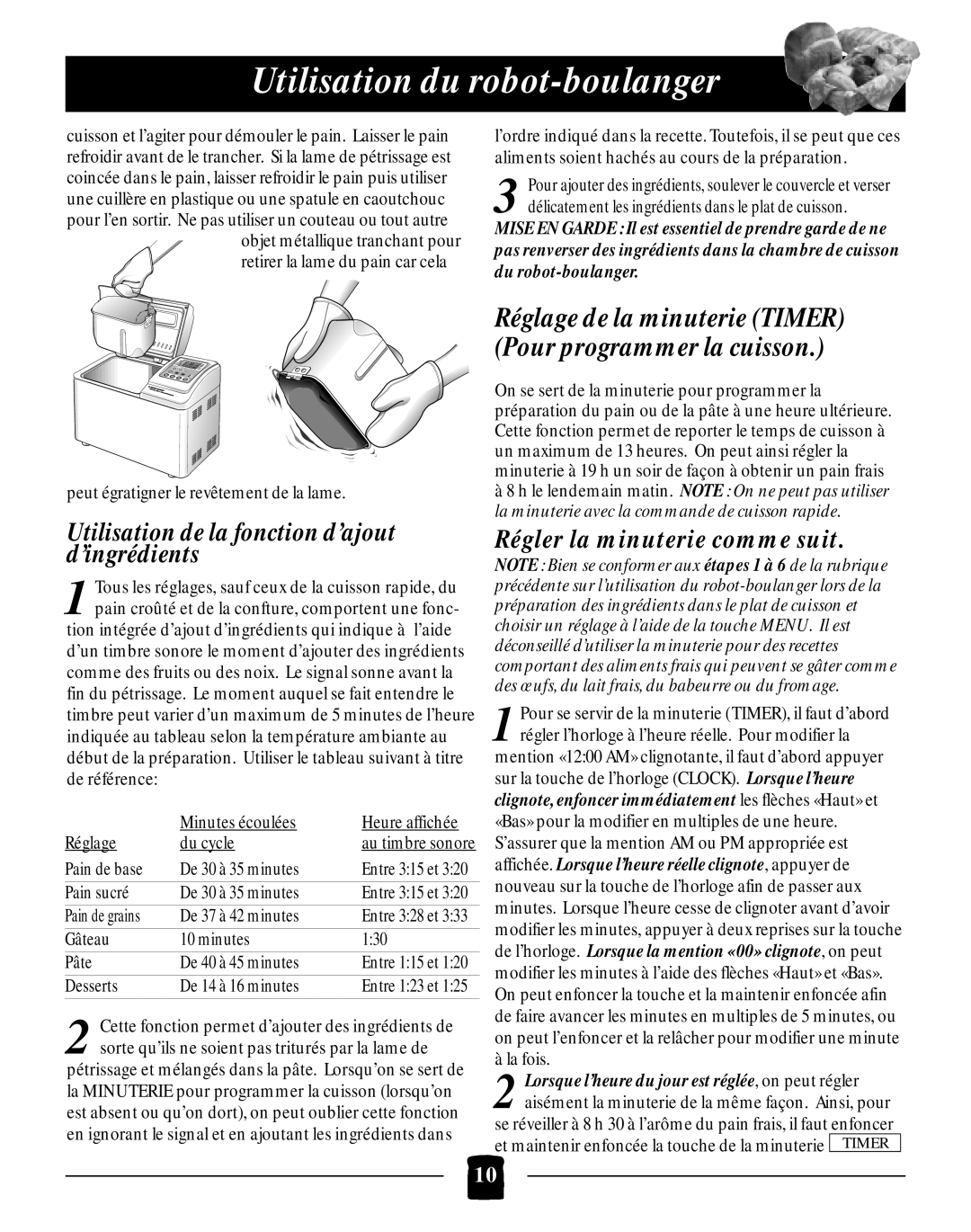 Black & Decker B2005 manual Utilisation du robot-boulanger, Utilisation de la fonction d’ajout d’ingrédients 