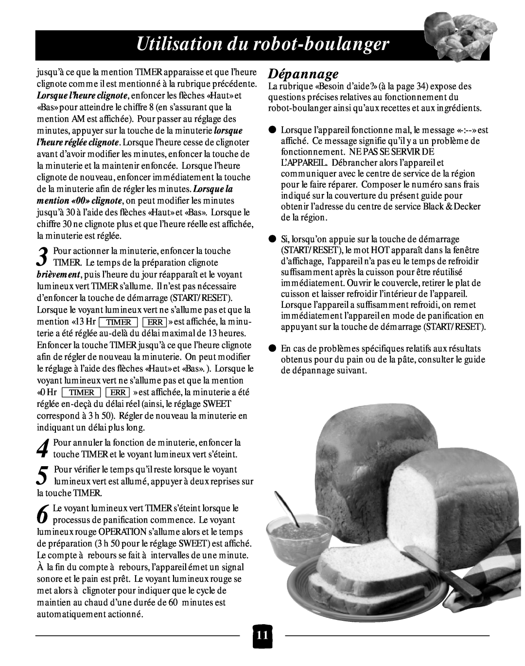 Black & Decker B2005 manual Utilisation du robot-boulanger, Dépannage 