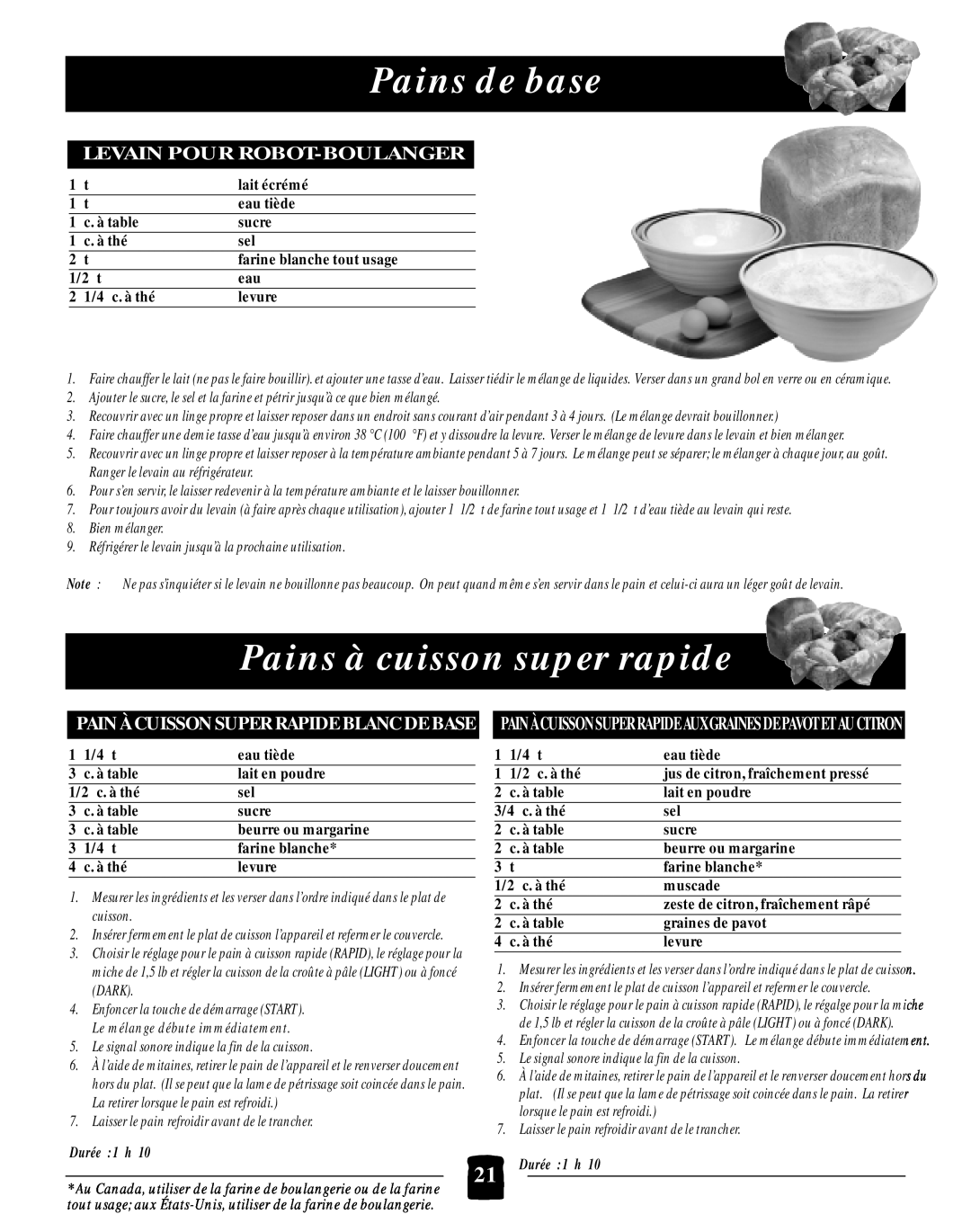 Black & Decker B2005 manual Pains à cuisson super rapide, Pains de base, Levain Pour Robot-Boulanger, Dark, Durée 1 h 
