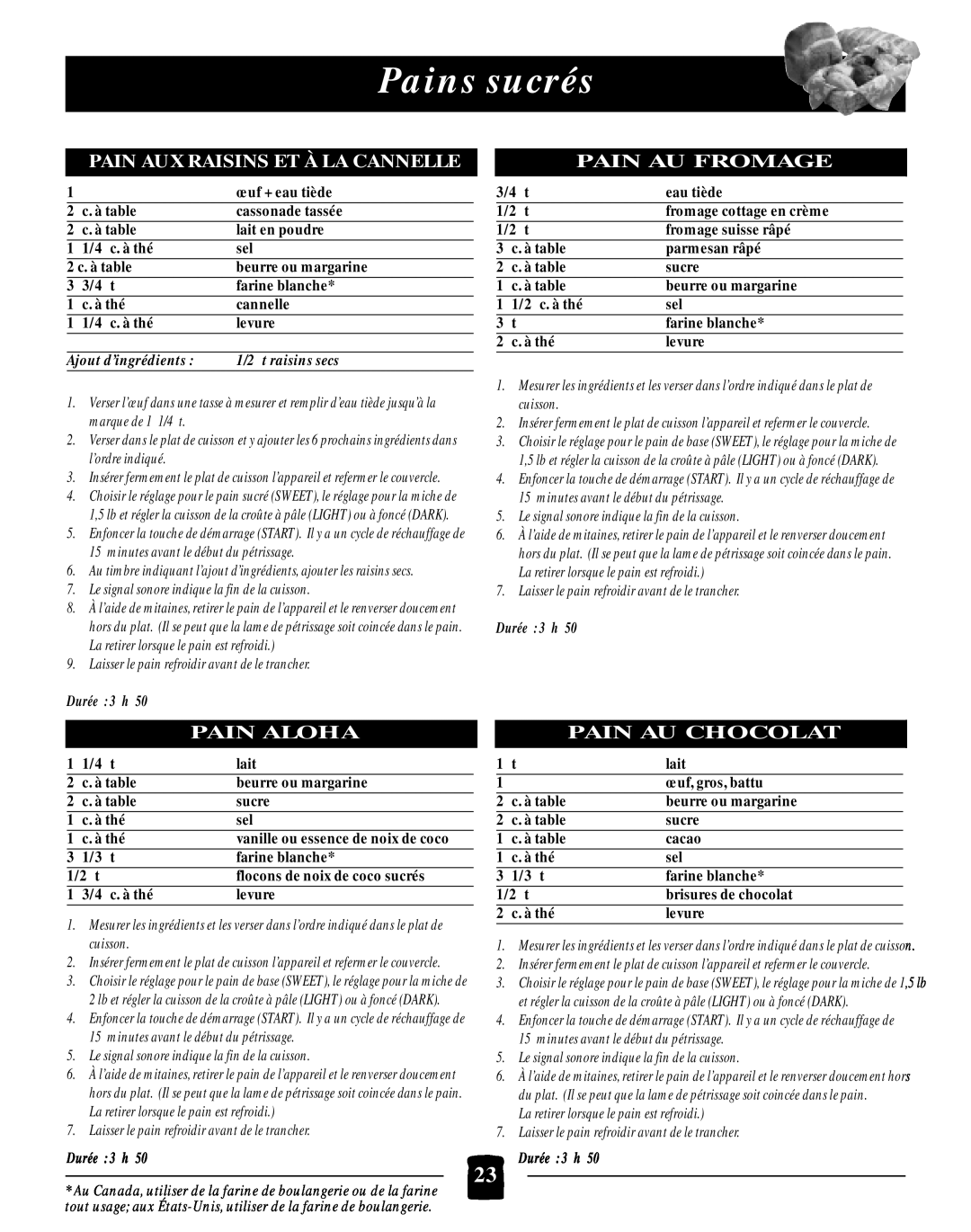 Black & Decker B2005 manual Pains sucrés, Pain Aux Raisins Et À La Cannelle, Pain Au Fromage, Pain Aloha, Pain Au Chocolat 