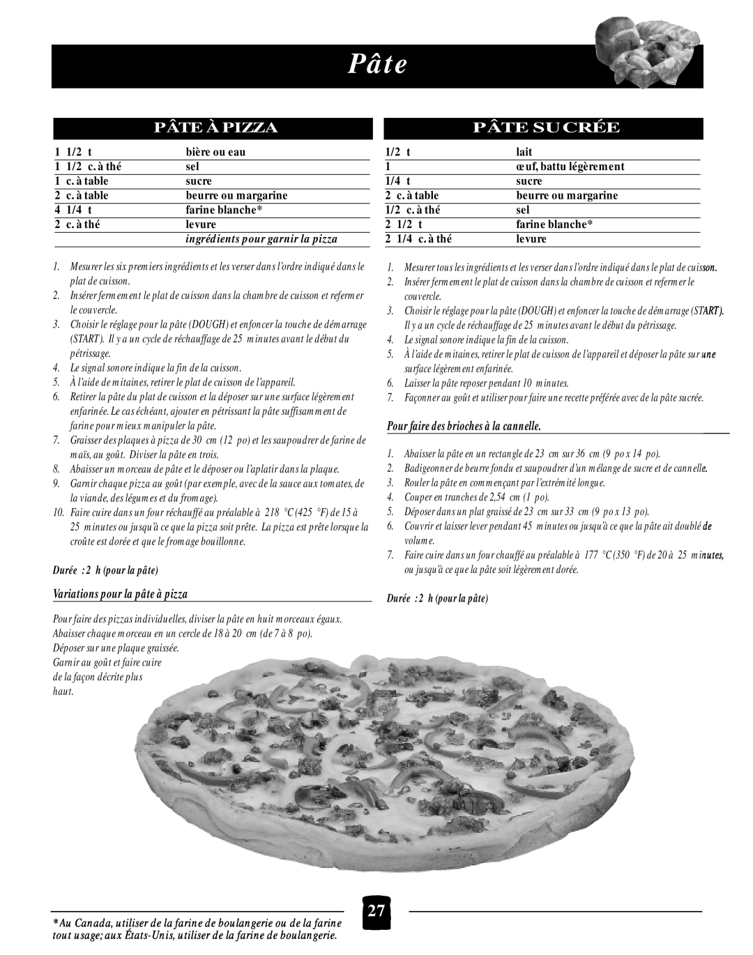 Black & Decker B2005 manual Pâte À Pizza, Pâte Sucrée, ingrédients pour garnir la pizza, Durée 2 h pour la pâte 