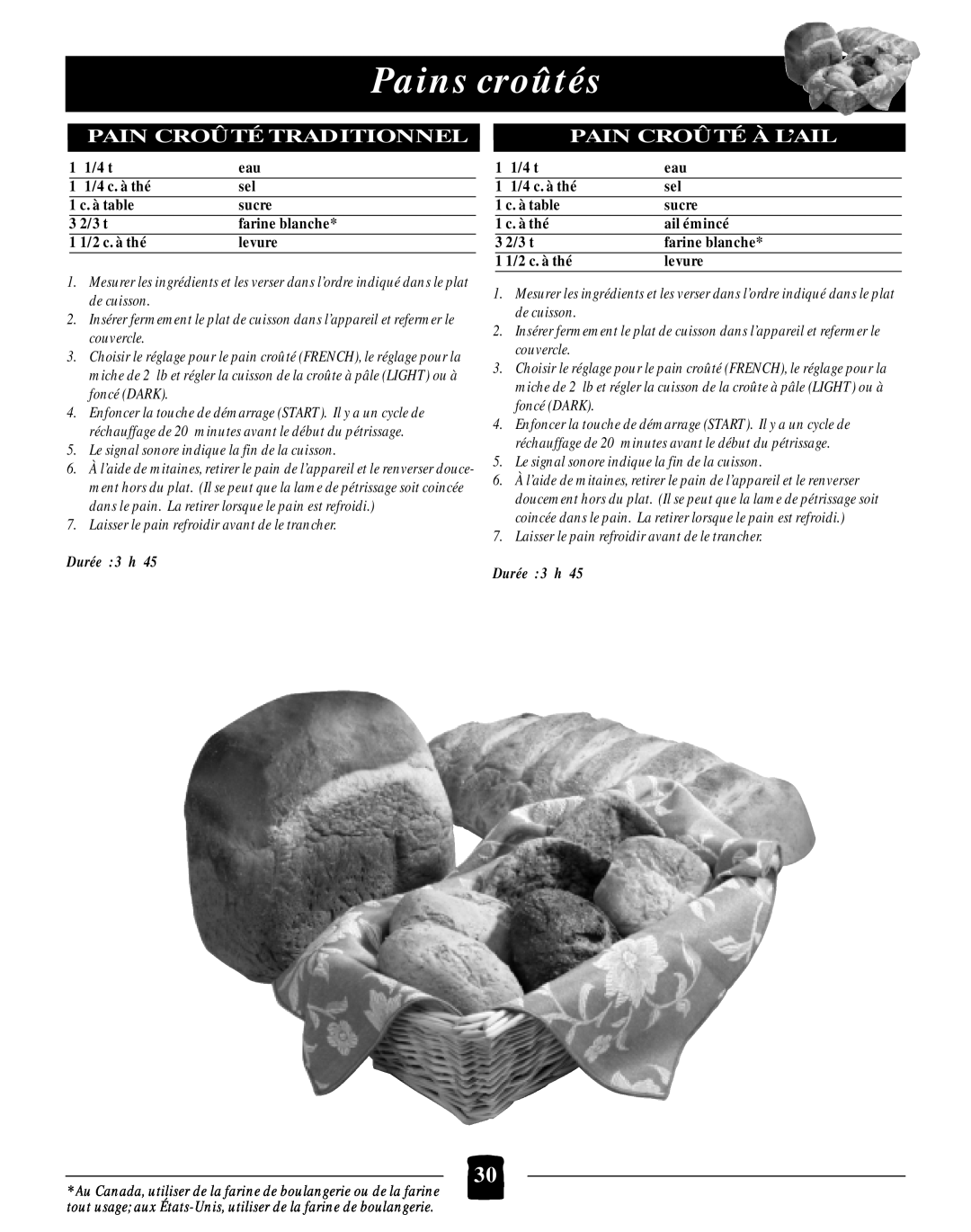 Black & Decker B2005 manual Pains croûtés, Pain Croûté Traditionnel, Pain Croûté À L’Ail, Durée 3 h 
