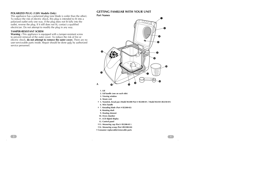 Black & Decker B2250 Getting Familiar with Your Unit, Polarized Plug 120V Models Only, TAMPER-RESISTANT Screw, Part Names 