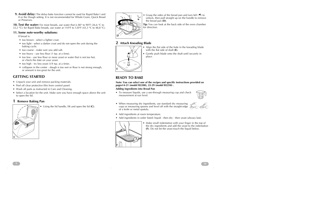 Black & Decker B2200 Getting Started, Ready to Bake, Some note-worthy solutions, Remove Baking Pan, Attach Kneading Blade 