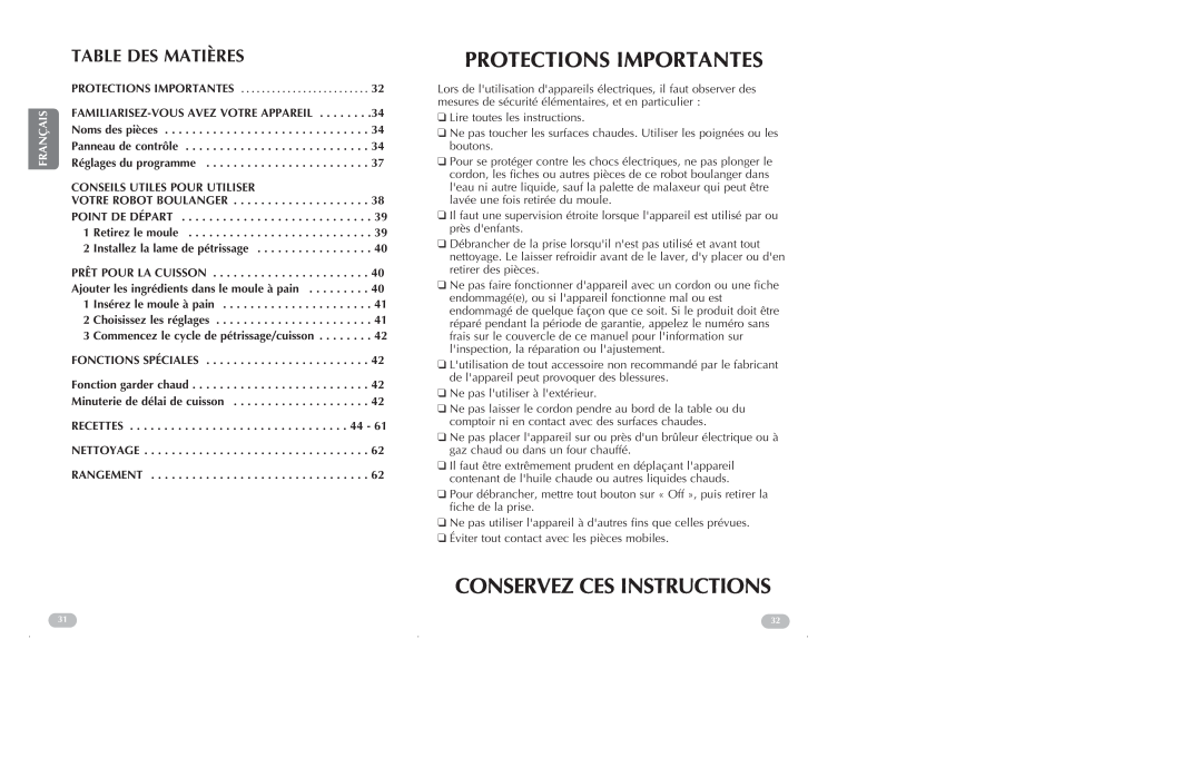 Black & Decker B2250, B2200 manual Protections Importantes, Conservez Ces Instructions, Table Des Matières, Français 