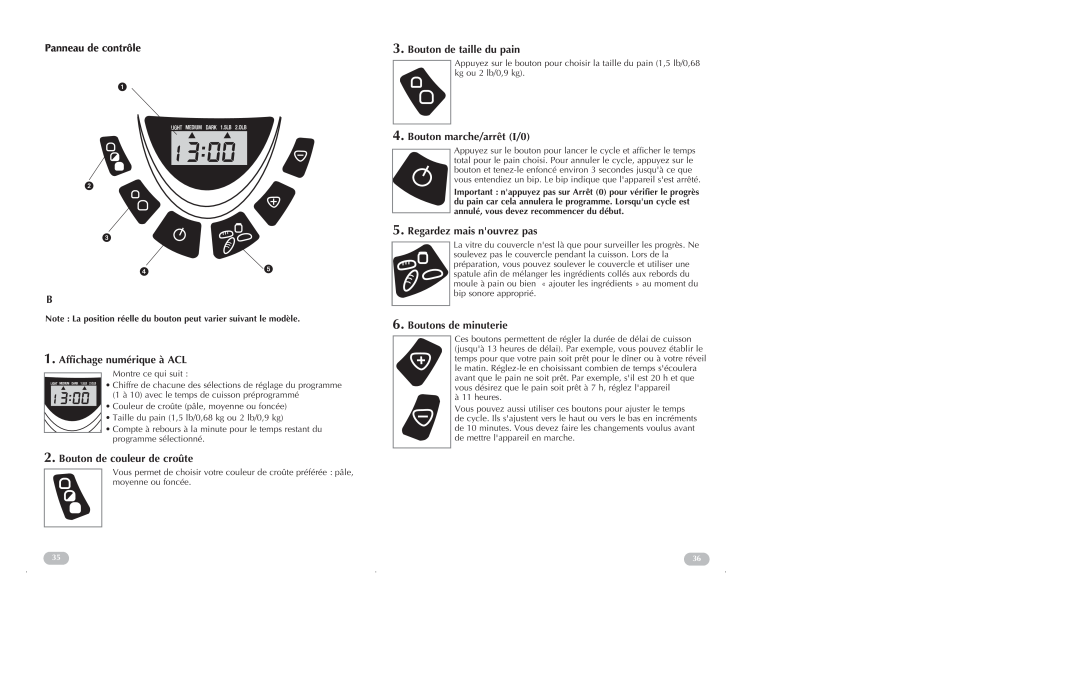 Black & Decker B2250 Panneau de contrôle B, Affichage numérique à ACL, Bouton de couleur de croûte, Boutons de minuterie 