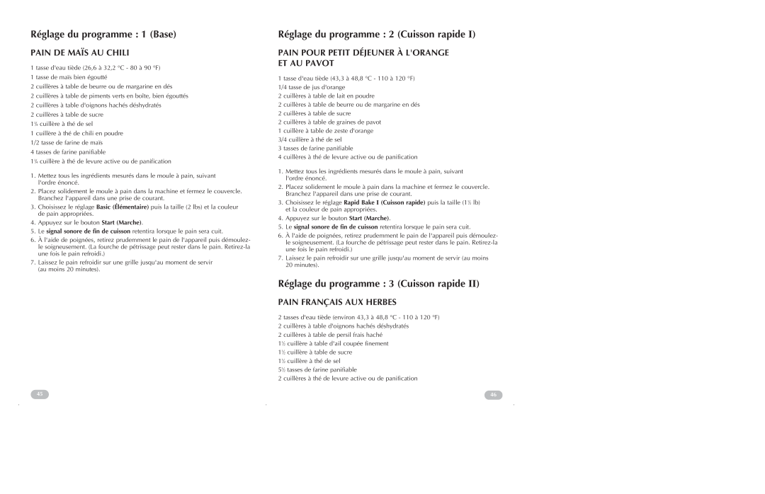 Black & Decker B2200, B2250 manual Réglage du programme 1 Base, Réglage du programme 2 Cuisson rapide, Pain De Maïs Au Chili 