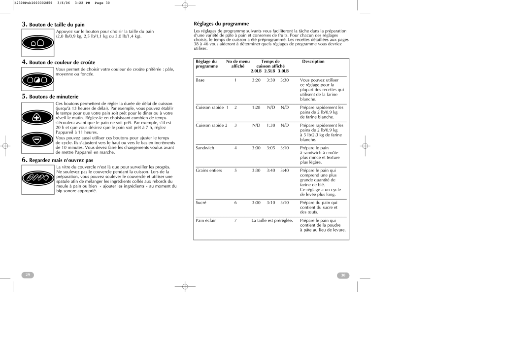 Black & Decker B2300 Bouton de taille du pain, Bouton de couleur de croûte, Boutons de minuterie, Réglages du programme 