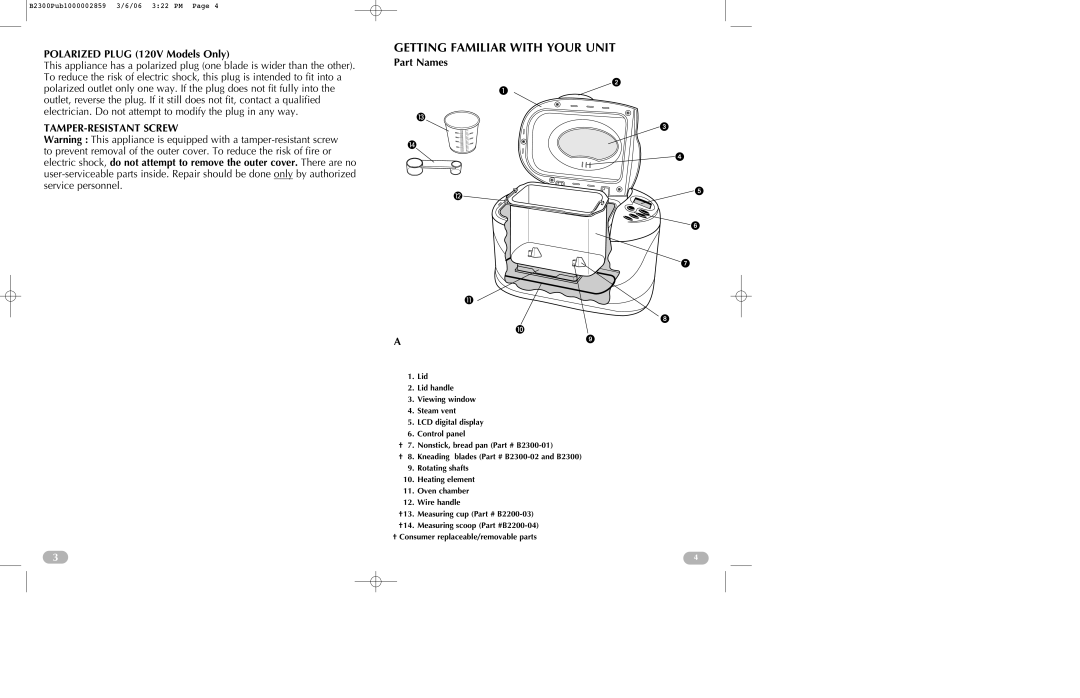 Black & Decker B2300 manual Getting Familiar with Your Unit, Polarized Plug 120V Models Only, Part Names 