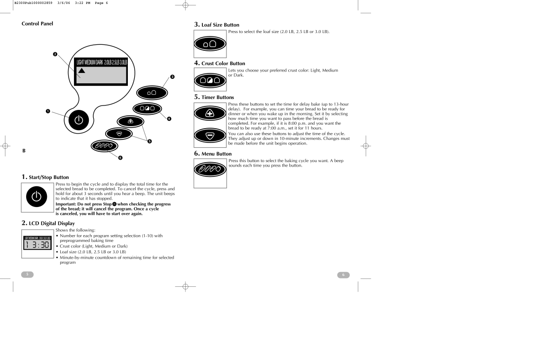 Black & Decker B2300 manual Control Panel Start/Stop Button, LCD Digital Display, Loaf Size Button, Crust Color Button 