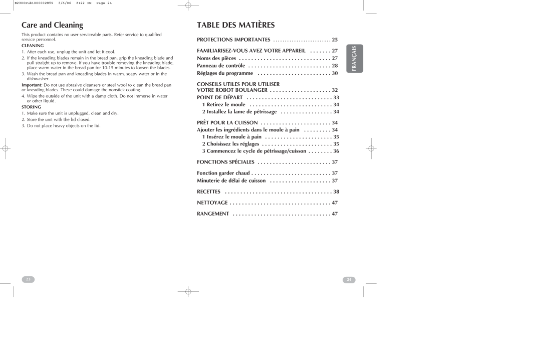 Black & Decker B2300 manual Table Des Matières, Care and Cleaning, Conseils Utiles Pour Utiliser, Français 
