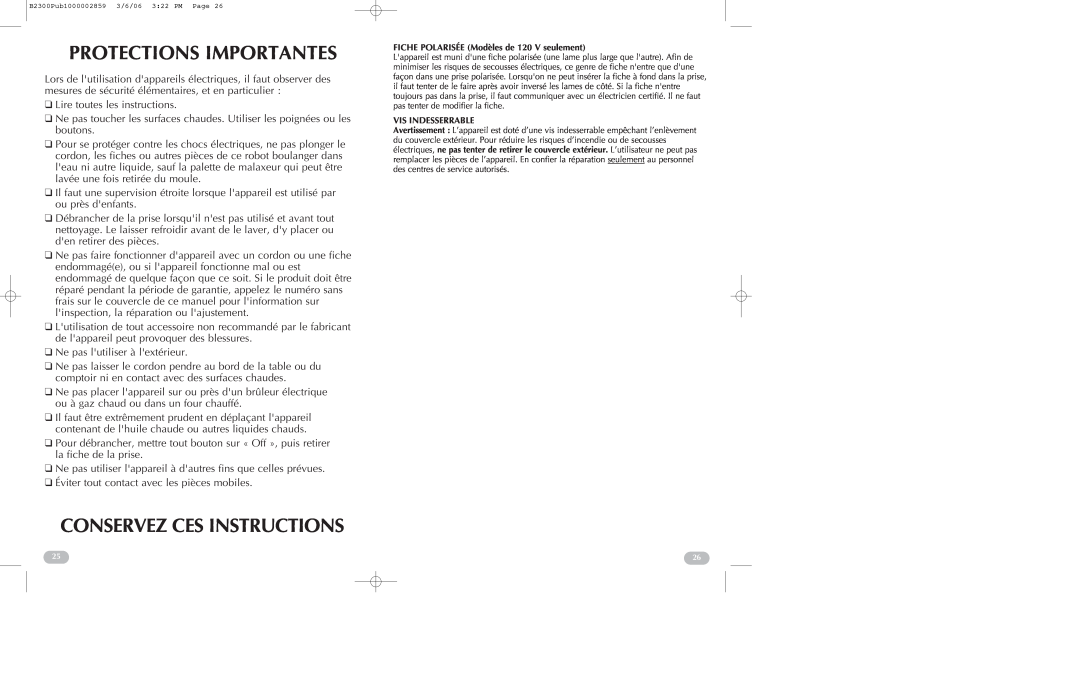 Black & Decker B2300 manual Protections Importantes, Conservez Ces Instructions 