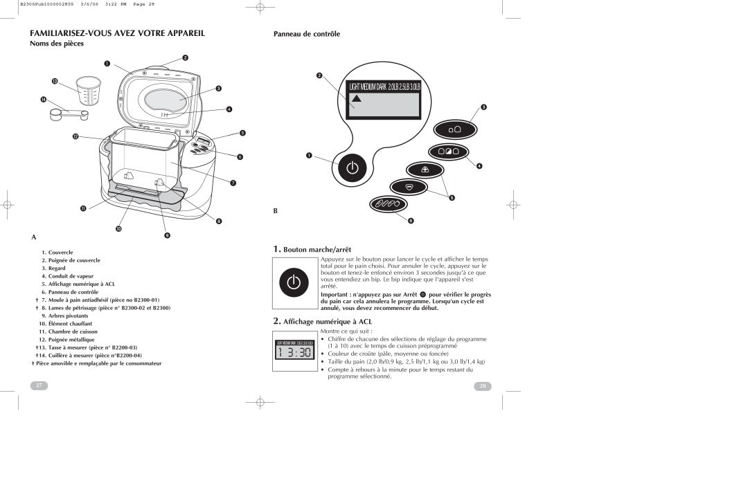 Black & Decker B2300 Familiarisez-Vousavez Votre Appareil, Noms des pièces A, Panneau de contrôle B 1. Bouton marche/arrêt 