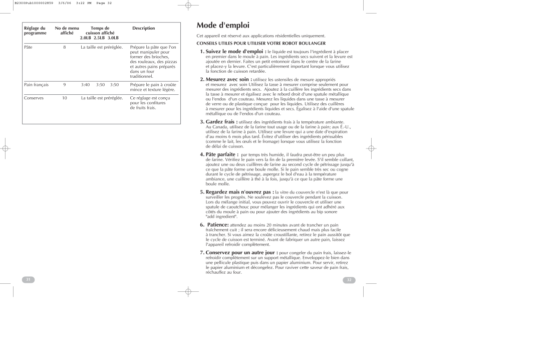 Black & Decker B2300 manual Mode demploi, Réglage du, Temps de, Description, programme, 2.0LB 