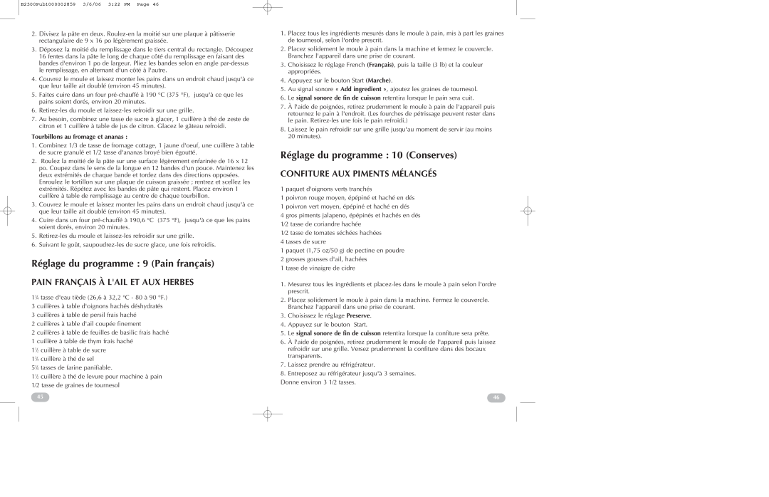 Black & Decker B2300 manual Réglage du programme 9 Pain français, Réglage du programme 10 Conserves 